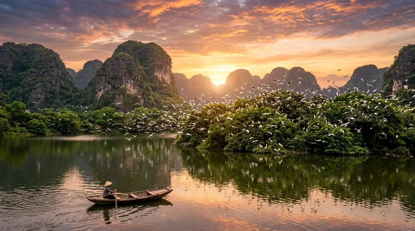Flocks of white storks returning to Thung Nham bird valley at sunset