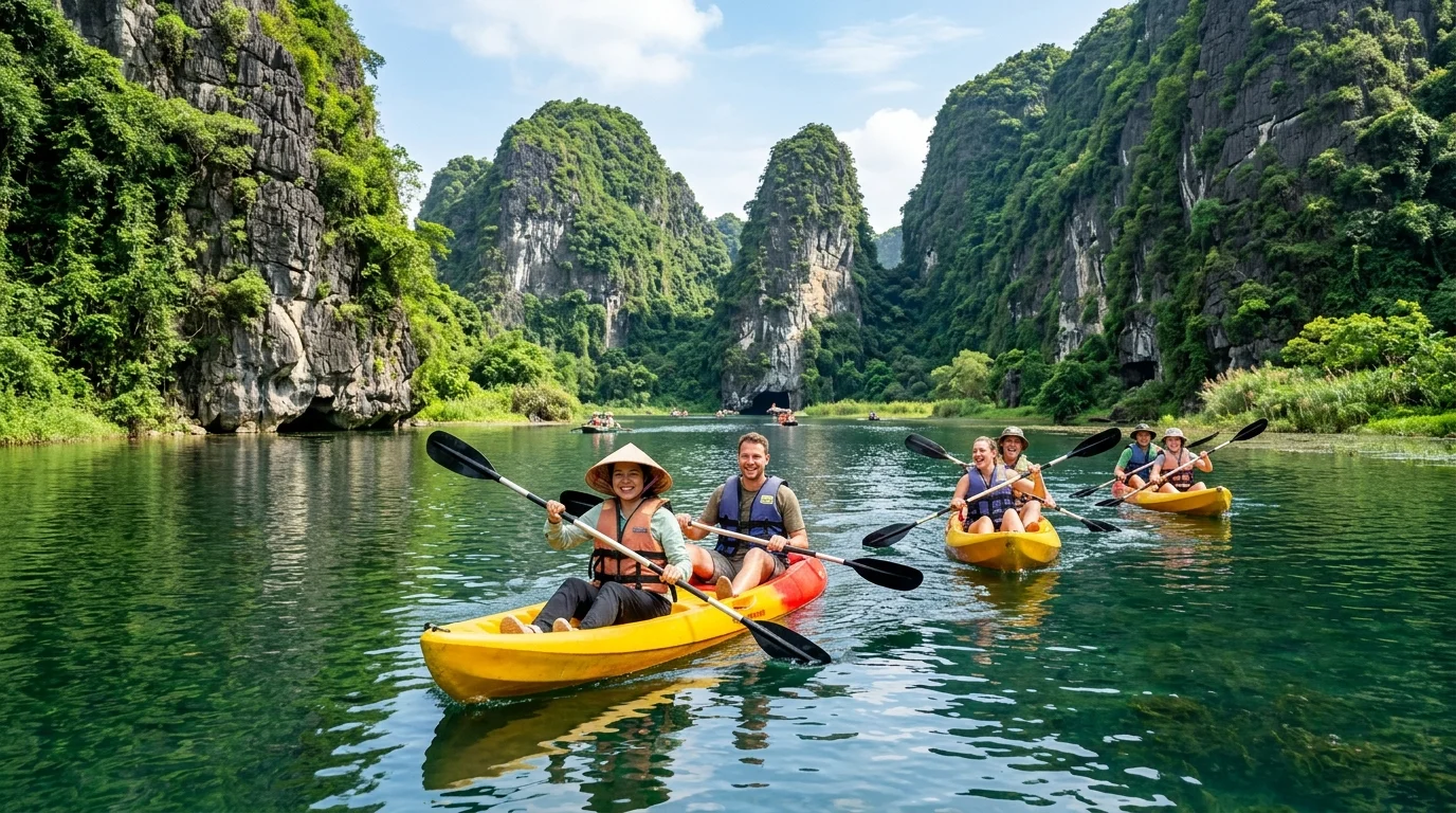 Travelers paddling tandem kayaks through Trang An limestone waterways