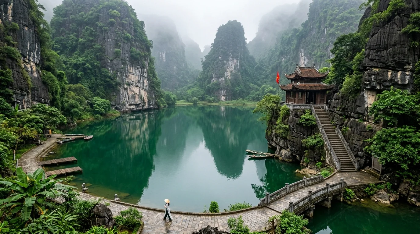 Emerald lake of Tuyet Tinh Coc surrounded by towering karst peaks